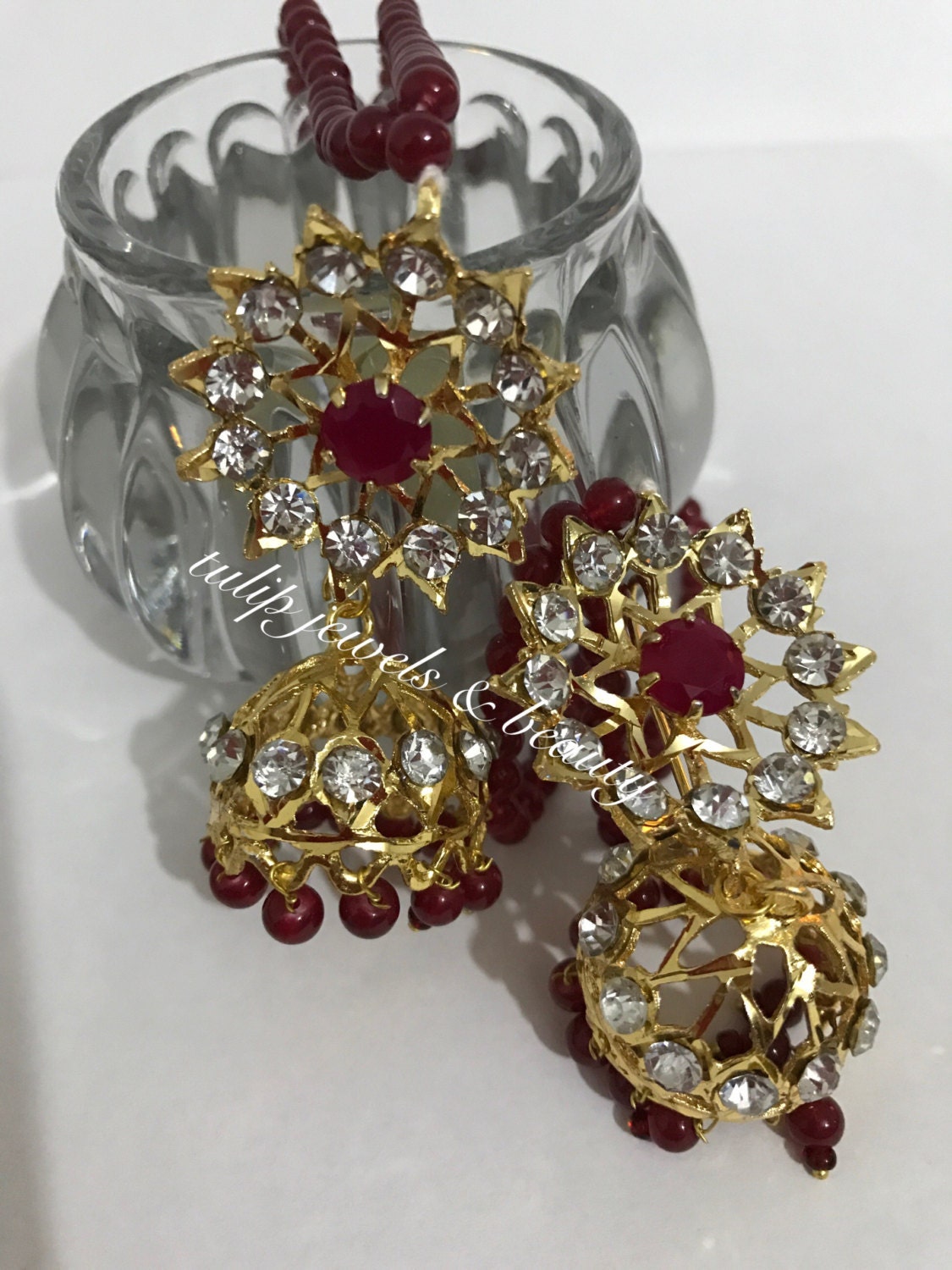 Indian pakistani hyderabadi jadu karan phool jhumki esrrings | jewellery jhumky gold plated rubi beads