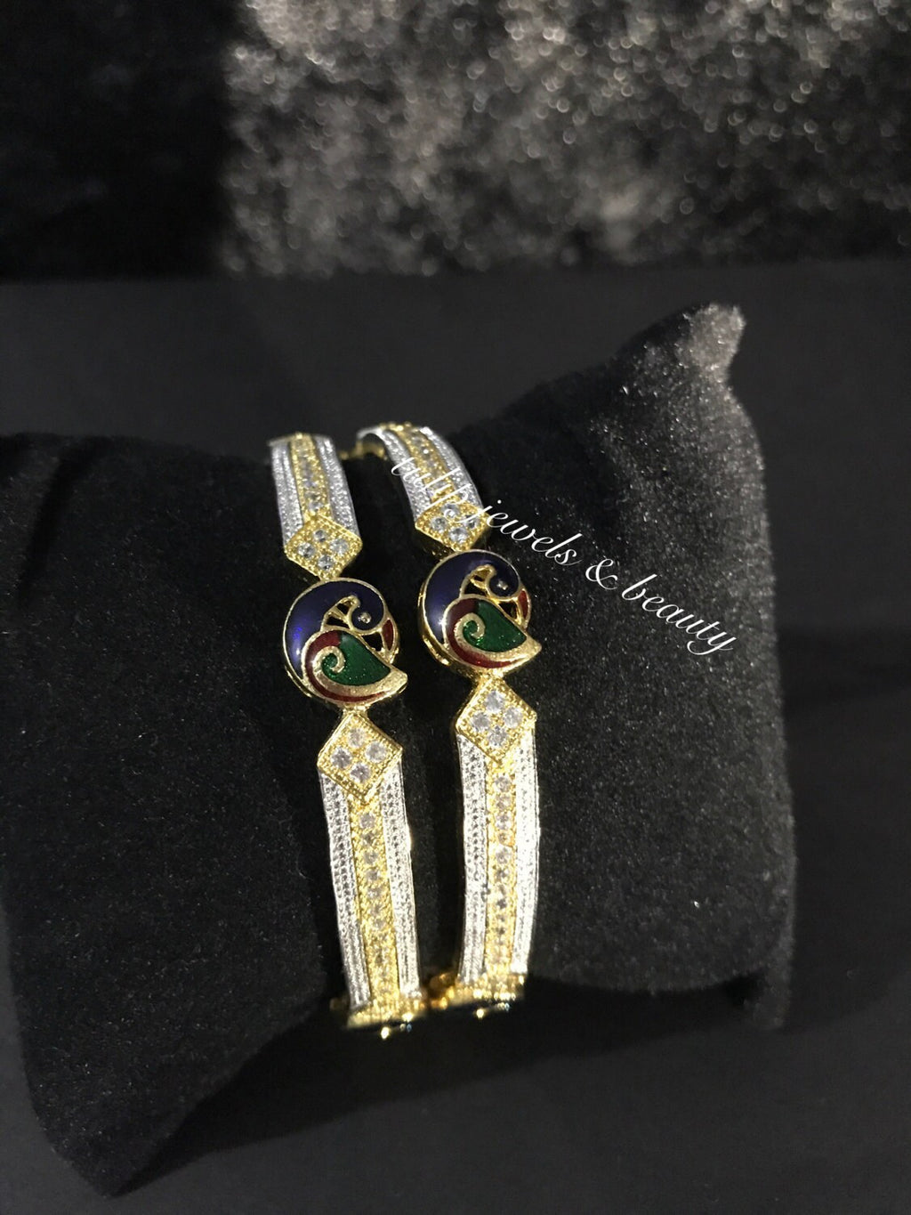 Gold-Plated Peacock Meenakari Bangles: CZ Indian Bridal Kangan (Size 2.4 & 2.6)