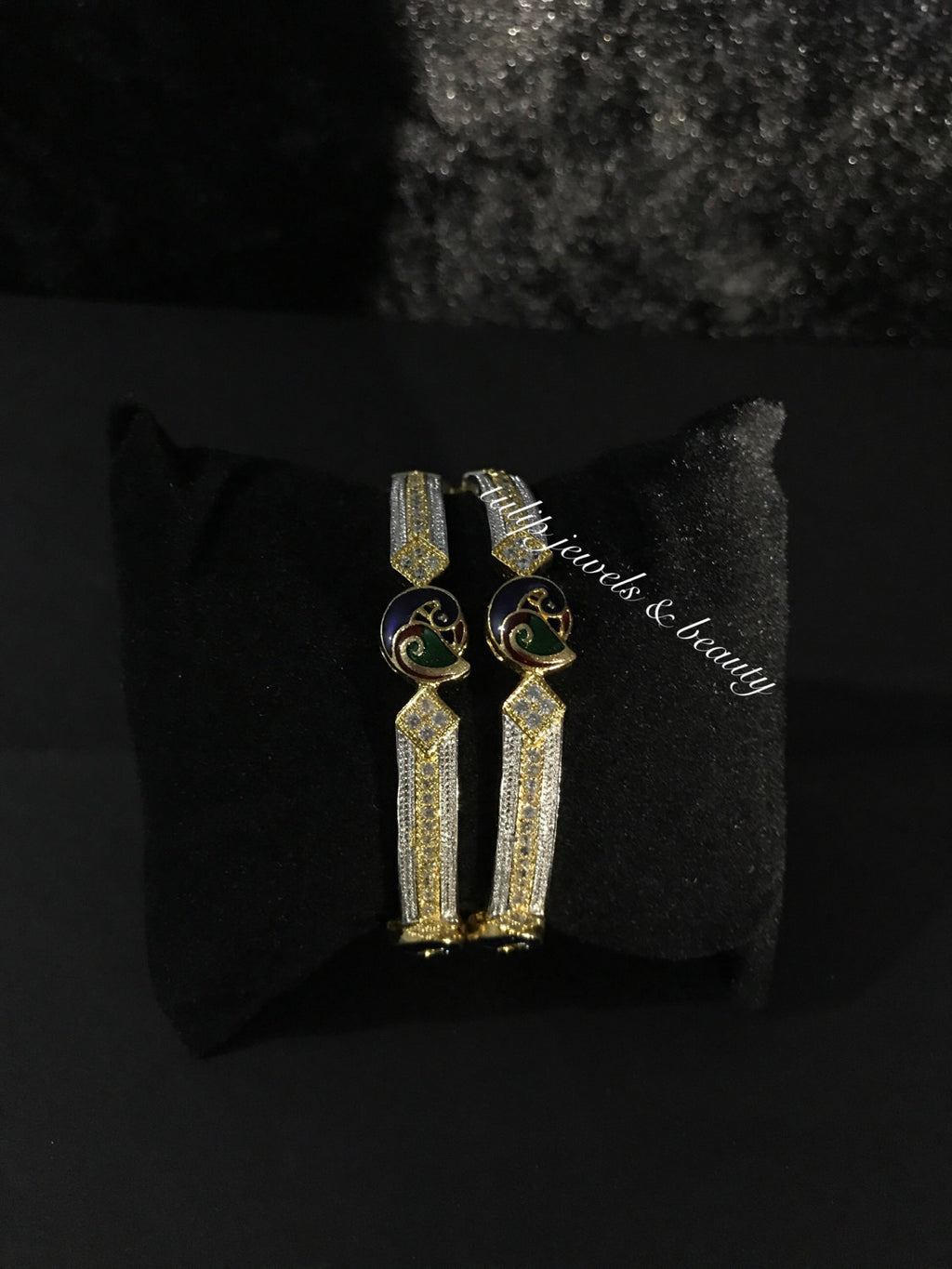 Gold-Plated Peacock Meenakari Bangles: CZ Indian Bridal Kangan (Size 2.4 & 2.6)