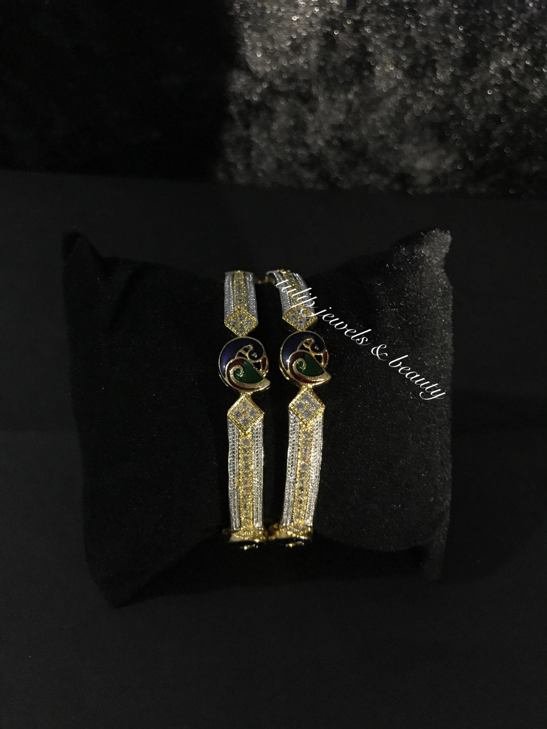 Gold-Plated Peacock Meenakari Bangles: CZ Indian Bridal Kangan (Size 2.4 & 2.6)