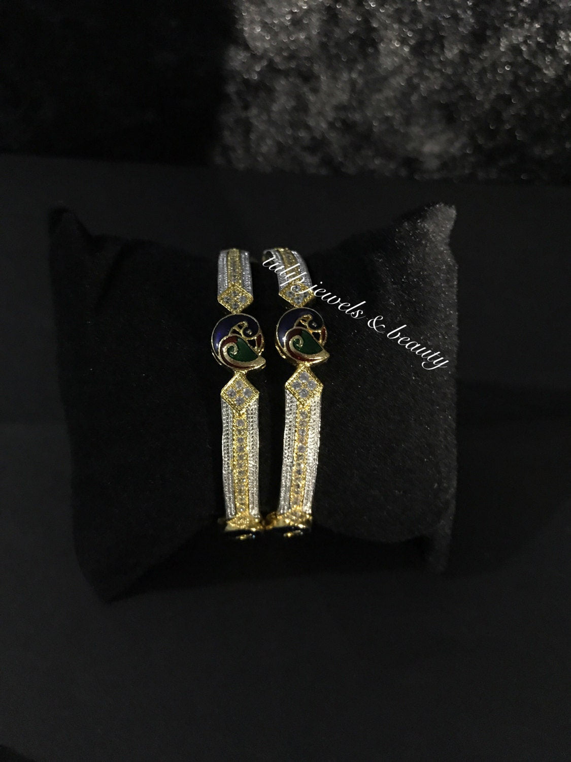 Gold-Plated Peacock Meenakari Bangles: CZ Indian Bridal Kangan (Size 2.4 & 2.6)