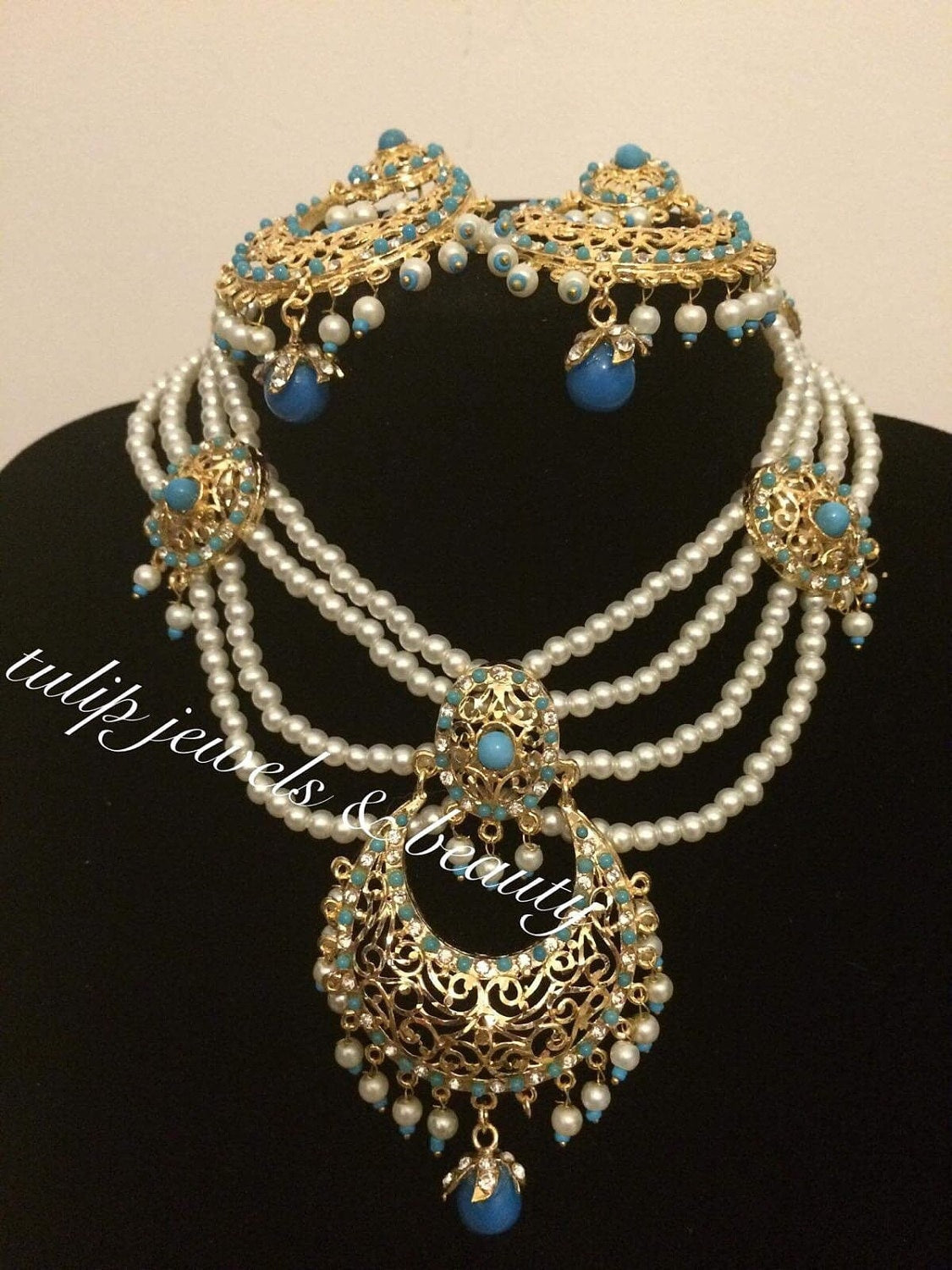 Hyderabadi Turquoise Chandballi Pearl Jewelry Set: Traditional Bridal Jewellery