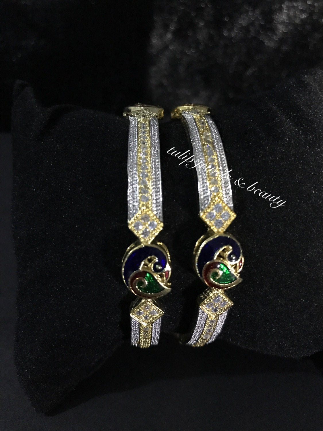 Gold-Plated Peacock Meenakari Bangles: CZ Indian Bridal Kangan (Size 2.4 & 2.6)