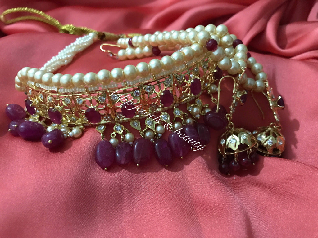 Handcrafted Gold Plated Choker & Jhumki Set: Ruby Indian Jewelry