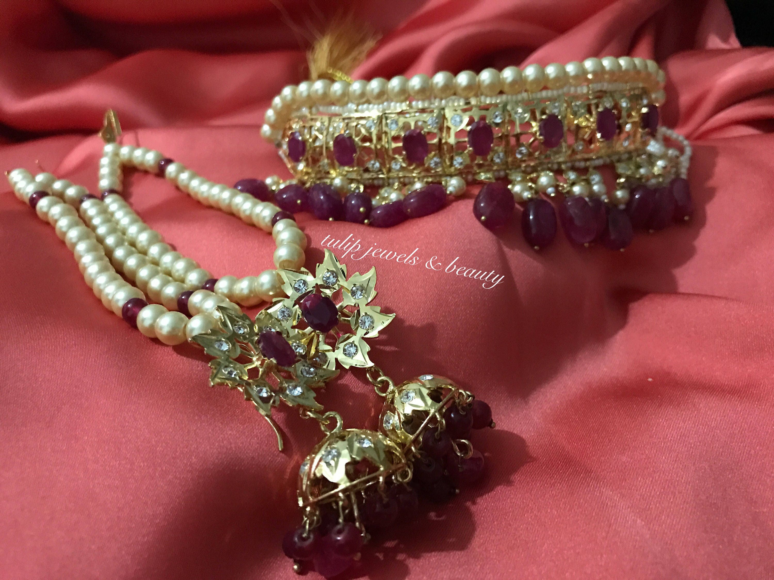 Handcrafted Gold Plated Choker & Jhumki Set: Ruby Indian Jewelry