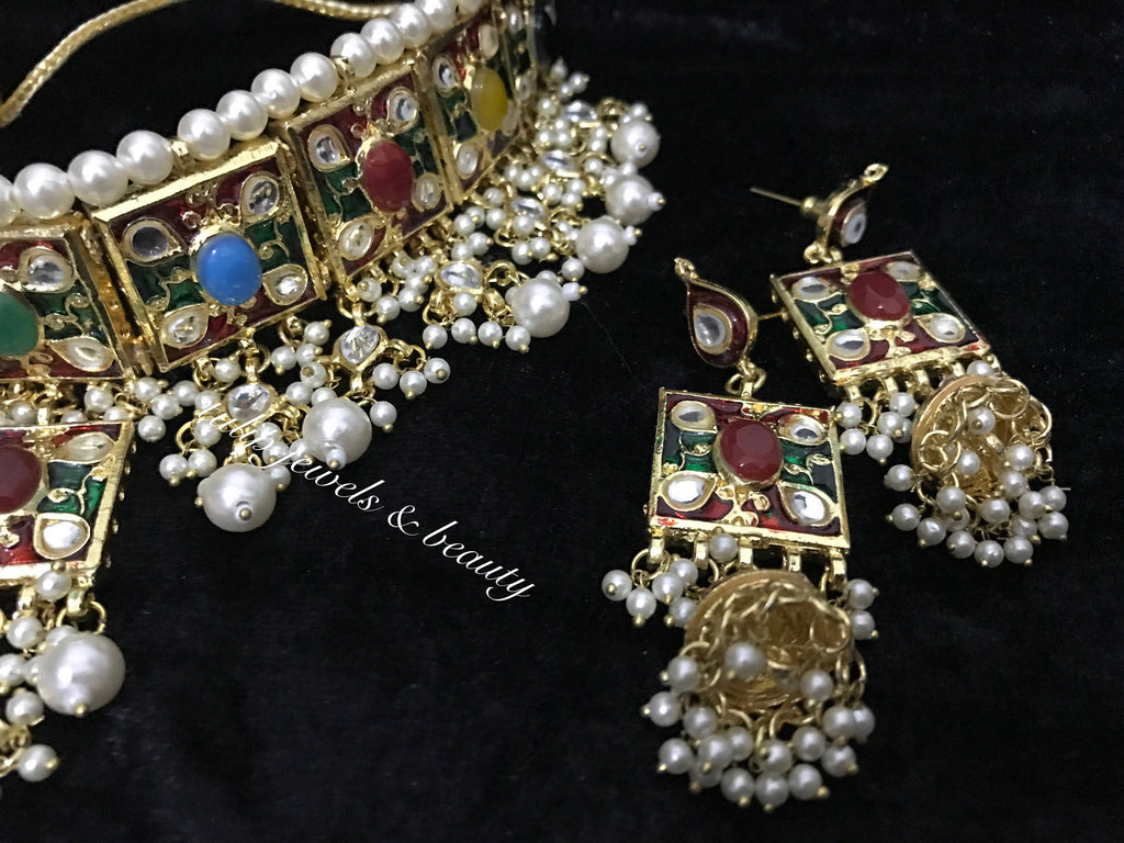 Handmade Meenakari Choker Set: Indian Pakistani Jewelry