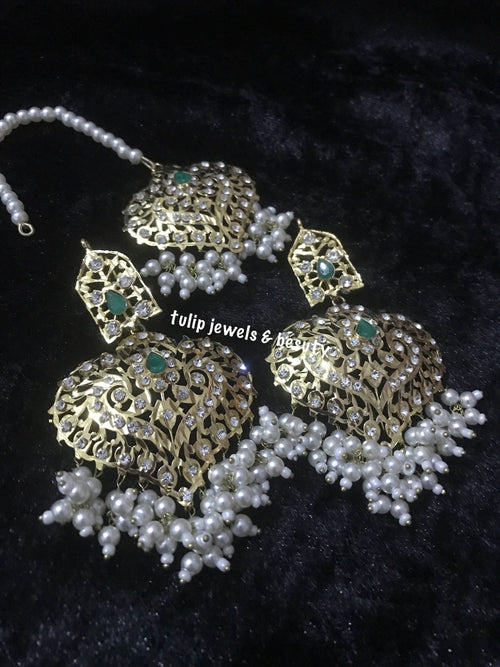 Gold Plated Earrings & Tikka Set: Hyderabadi Indian Jewelry