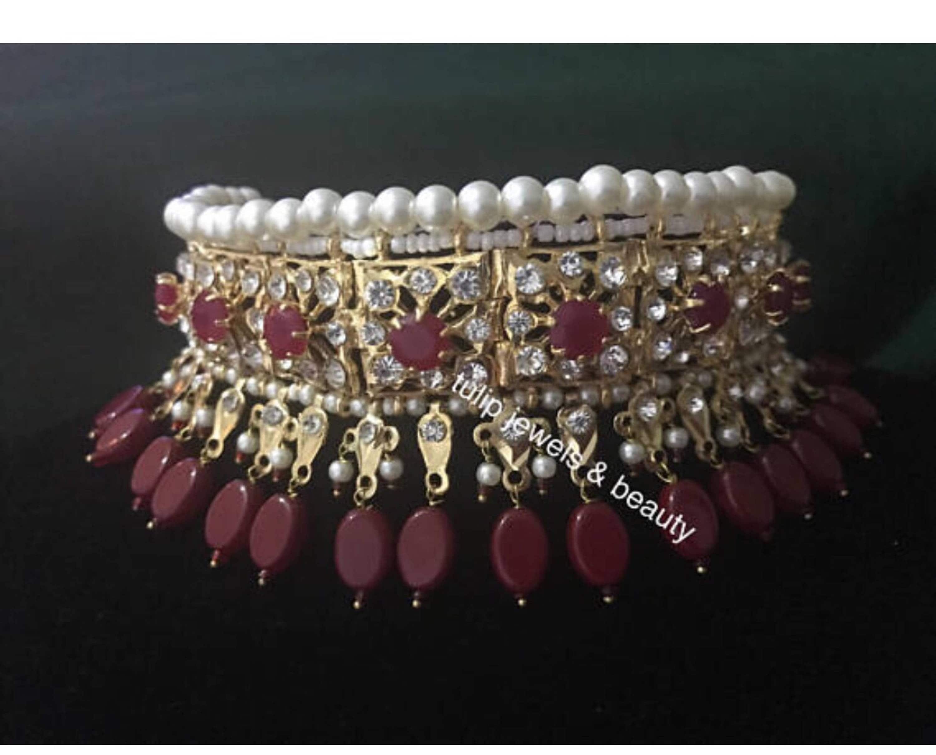 Indian Pakistani jadu Jewellery Bridal Hyderabadi Choker Jhumka & tikka gold plated