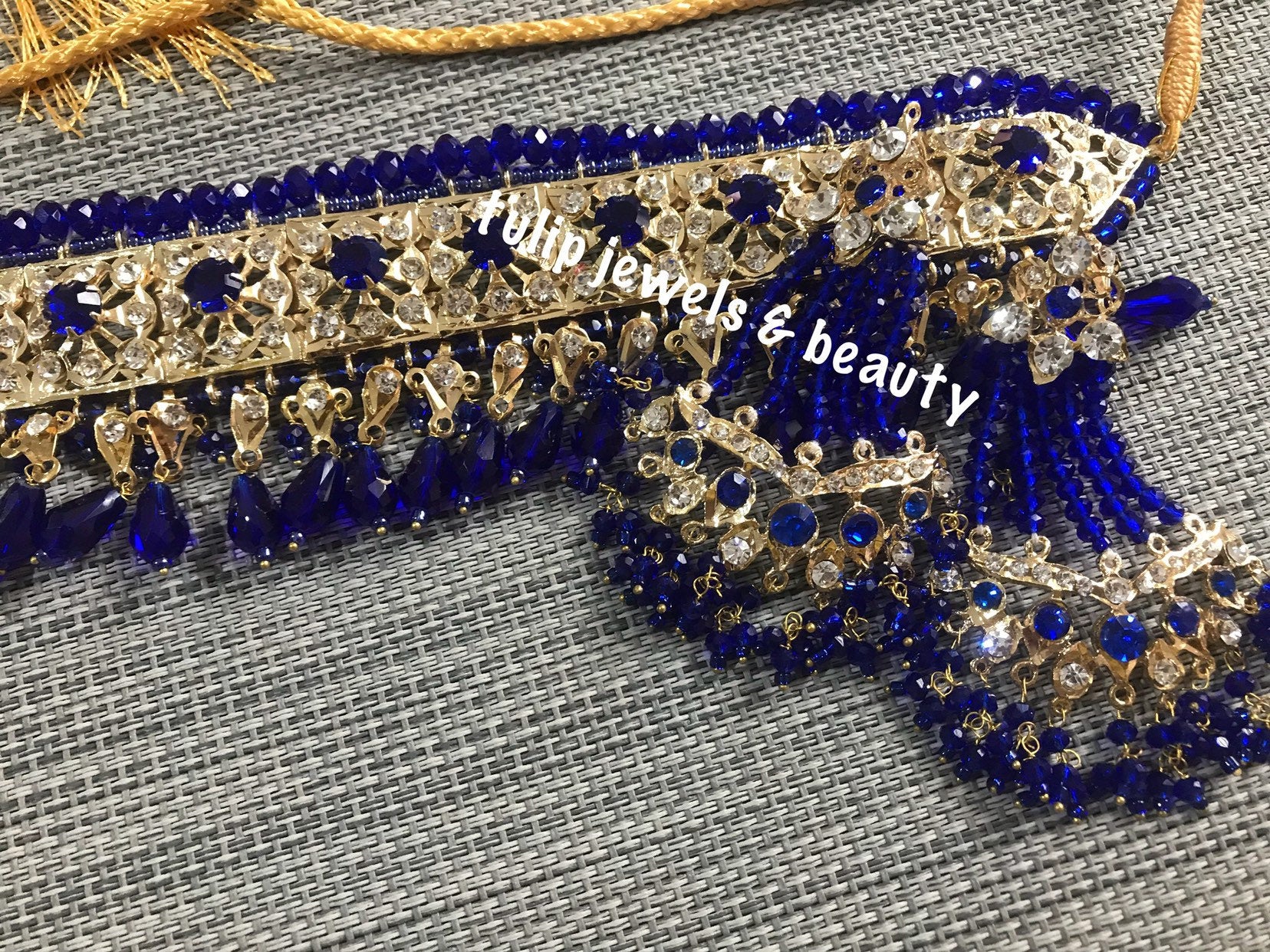 Gold Plated Bridal Choker: Blue Crystal Indian Jewelry Set