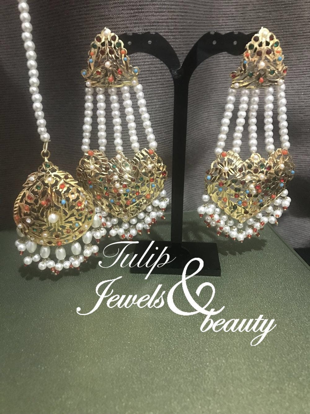 Hyderabadi Nazami Mughal Jhummar Earrings & Tikka - Nauvratan Jadu Jewelry Set