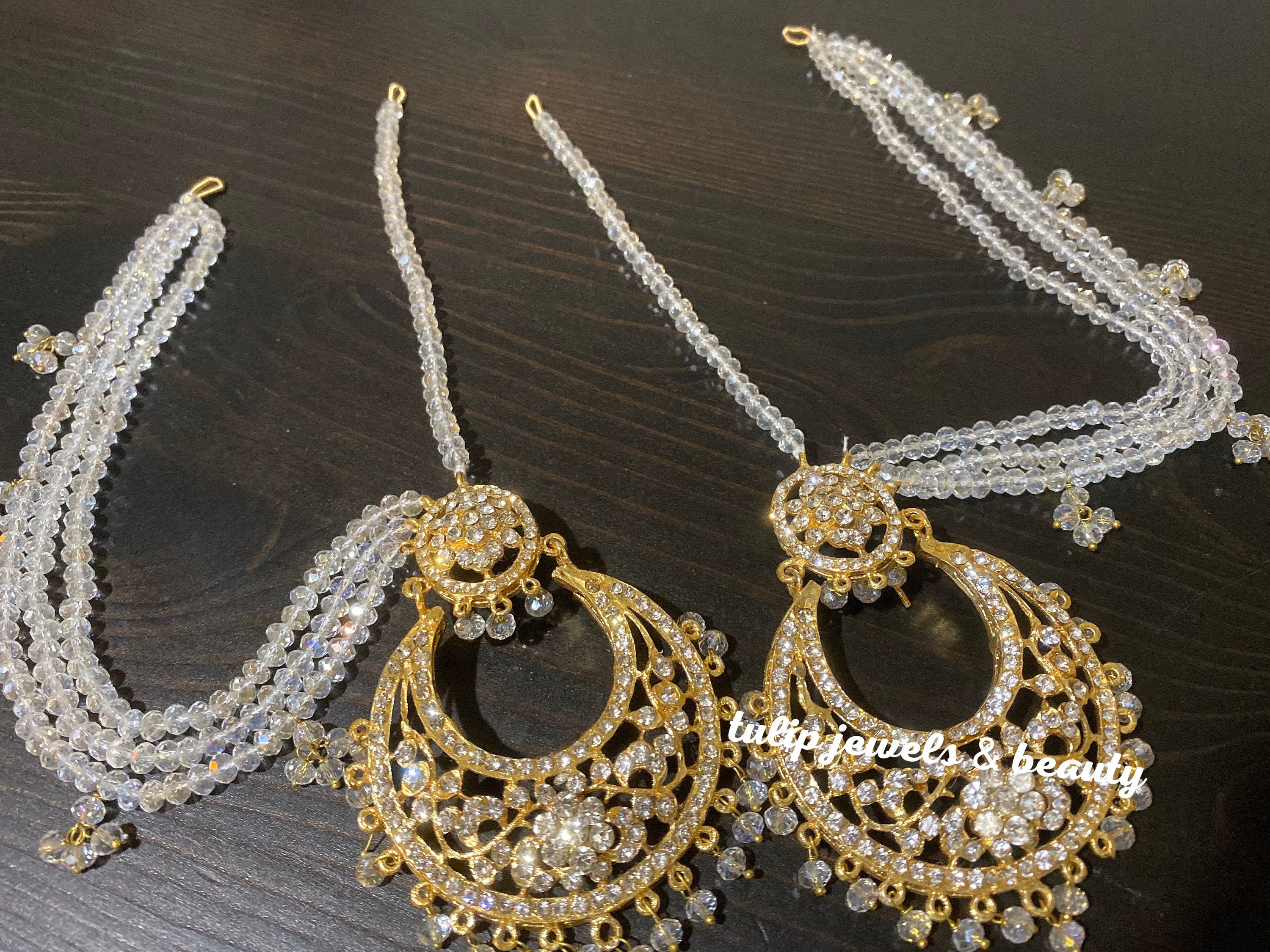 Hyderabadi chand balli with side strings. Gold plated Pakistani Jewelery, indian Jewellery