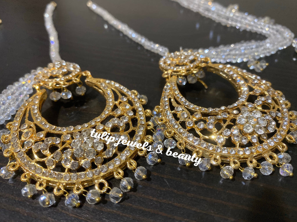 Hyderabadi chand balli with side strings. Gold plated Pakistani Jewelery, indian Jewellery