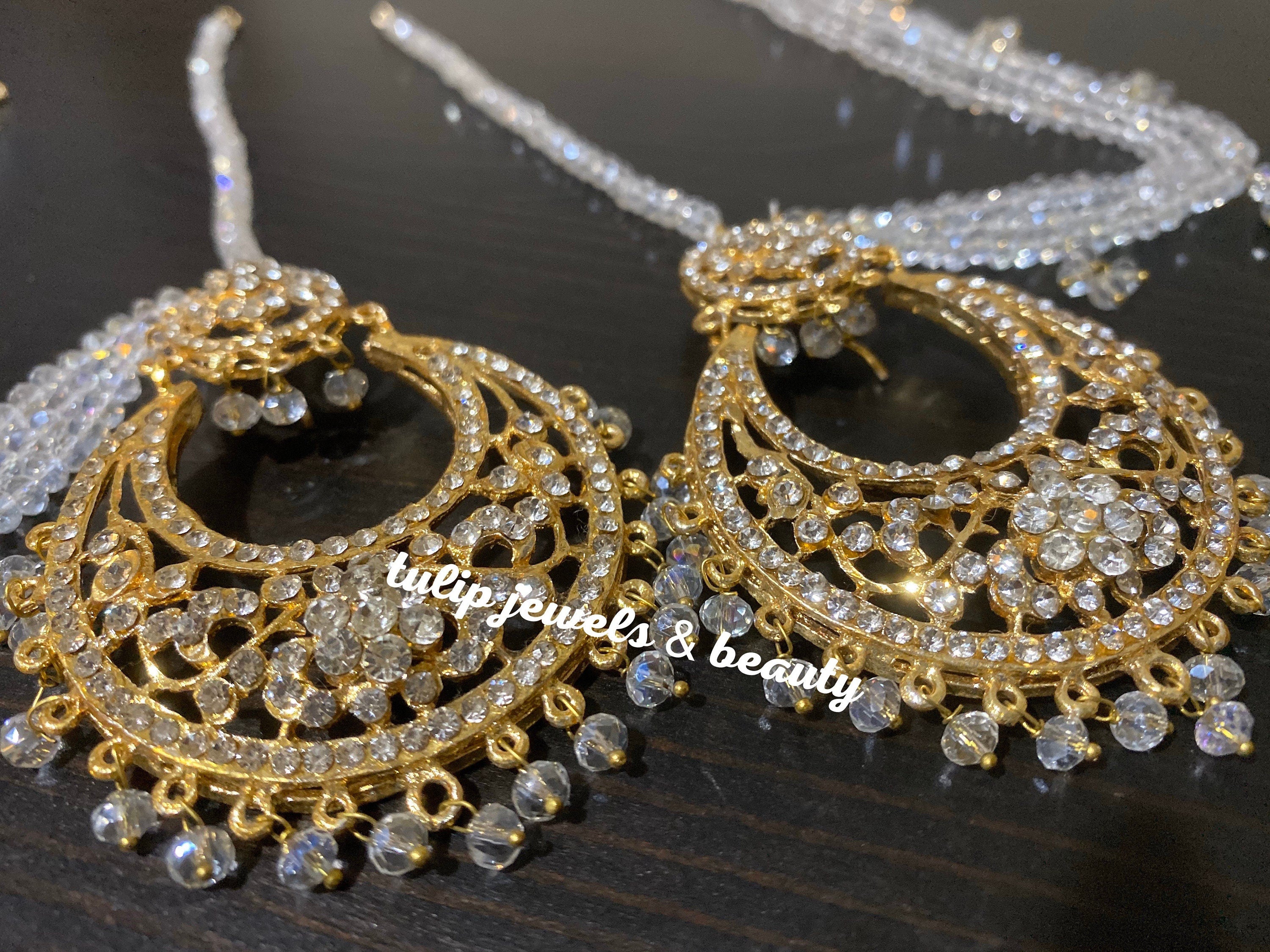 Hyderabadi chand balli with side strings. Gold plated Pakistani Jewelery, indian Jewellery