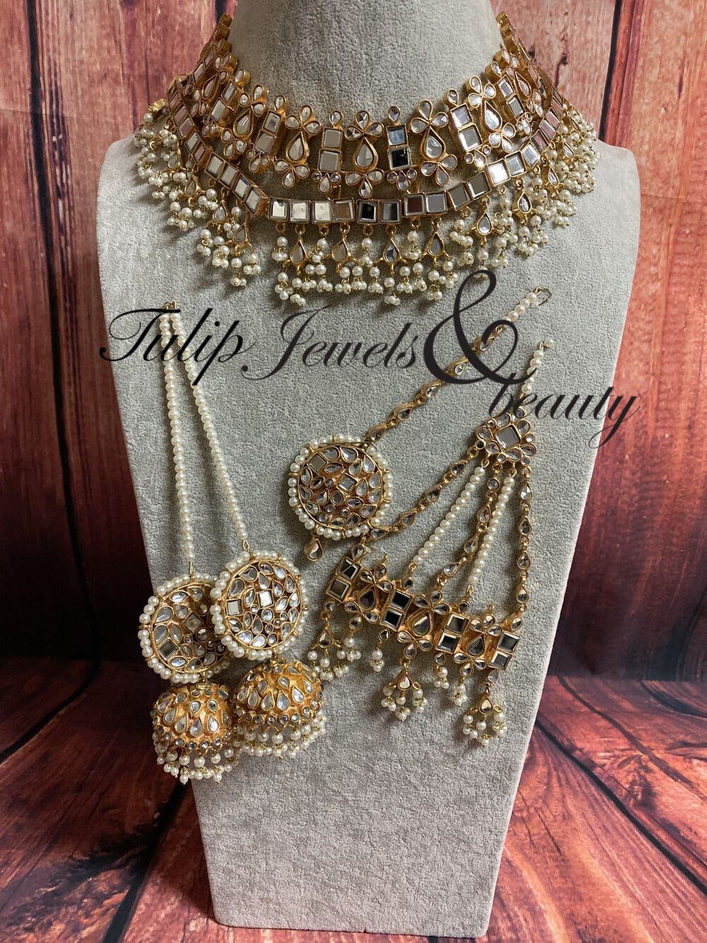 Kundan Bridal Jewelry Set: Gold Plated Necklace, Jhumki, Tikka & Jhummar