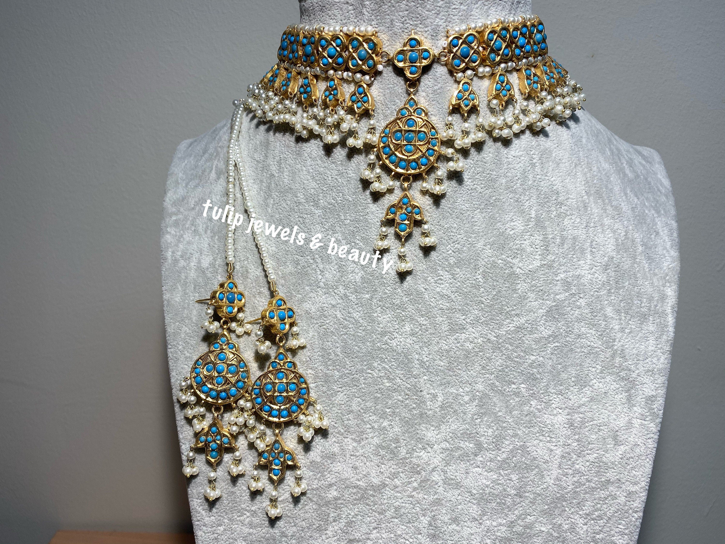 Gold plated thappa set Choker and earrings jewellery set, indian Jewellery, pakistani Jewellery.  Turquoise jewellery indian jewelry bespoke