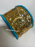 Vintage Style Gold Plated Bangle: Turquoise Indian Bracelet, Size 2.10