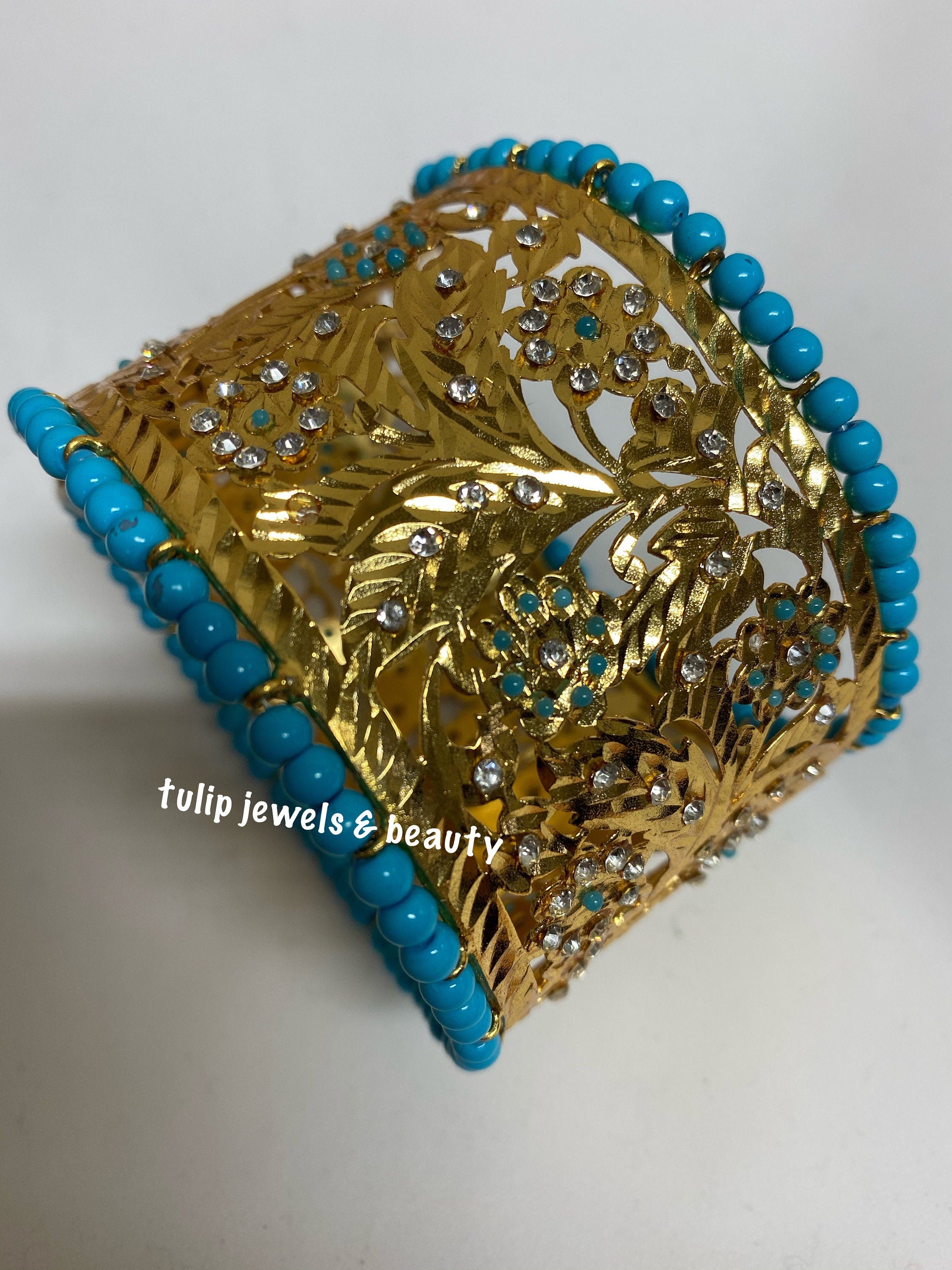Vintage Style Gold Plated Bangle: Turquoise Indian Bracelet, Size 2.10