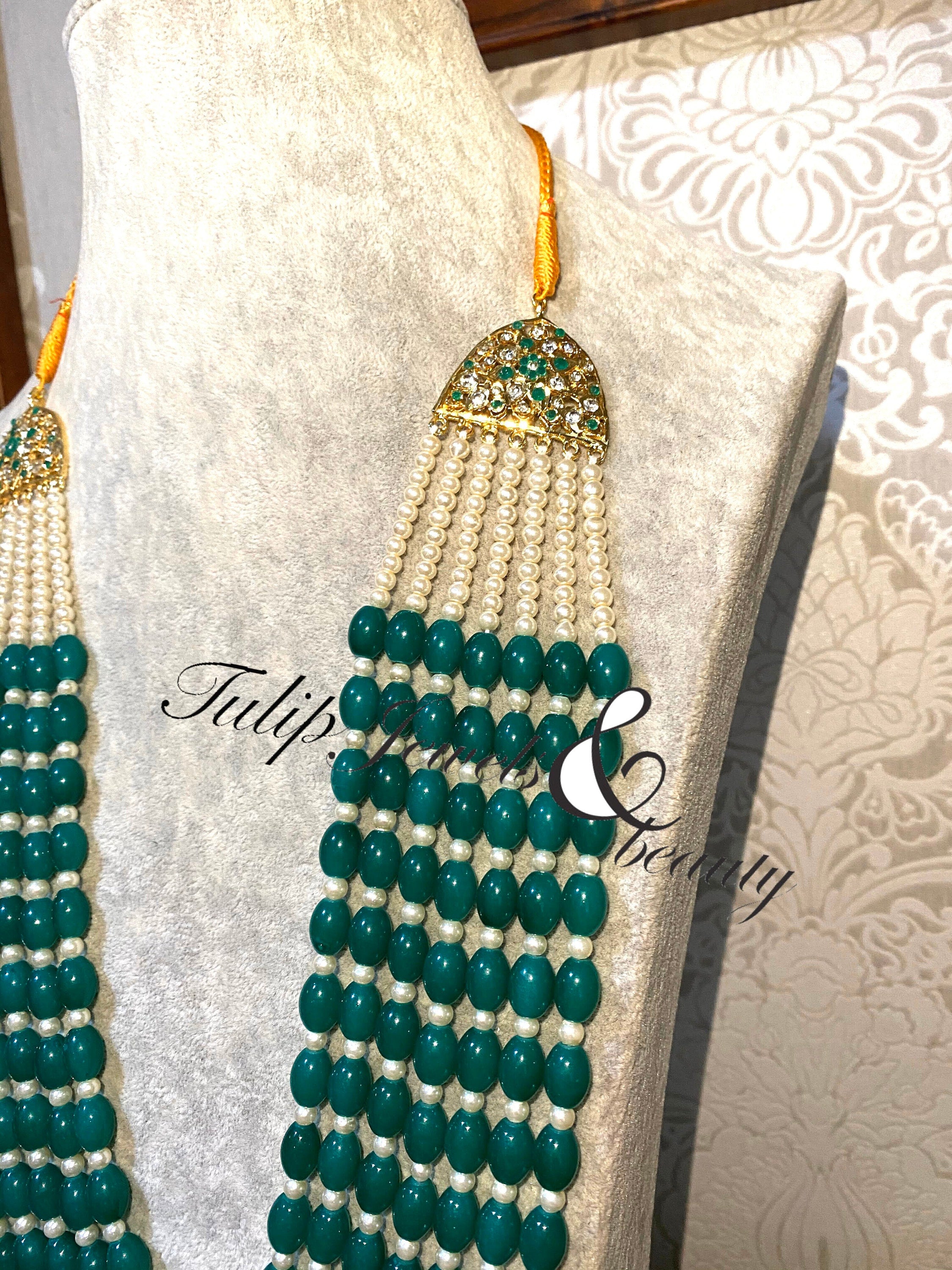 Multi-Strand Green Beads & Pearls Malla: Indian Groom Necklace