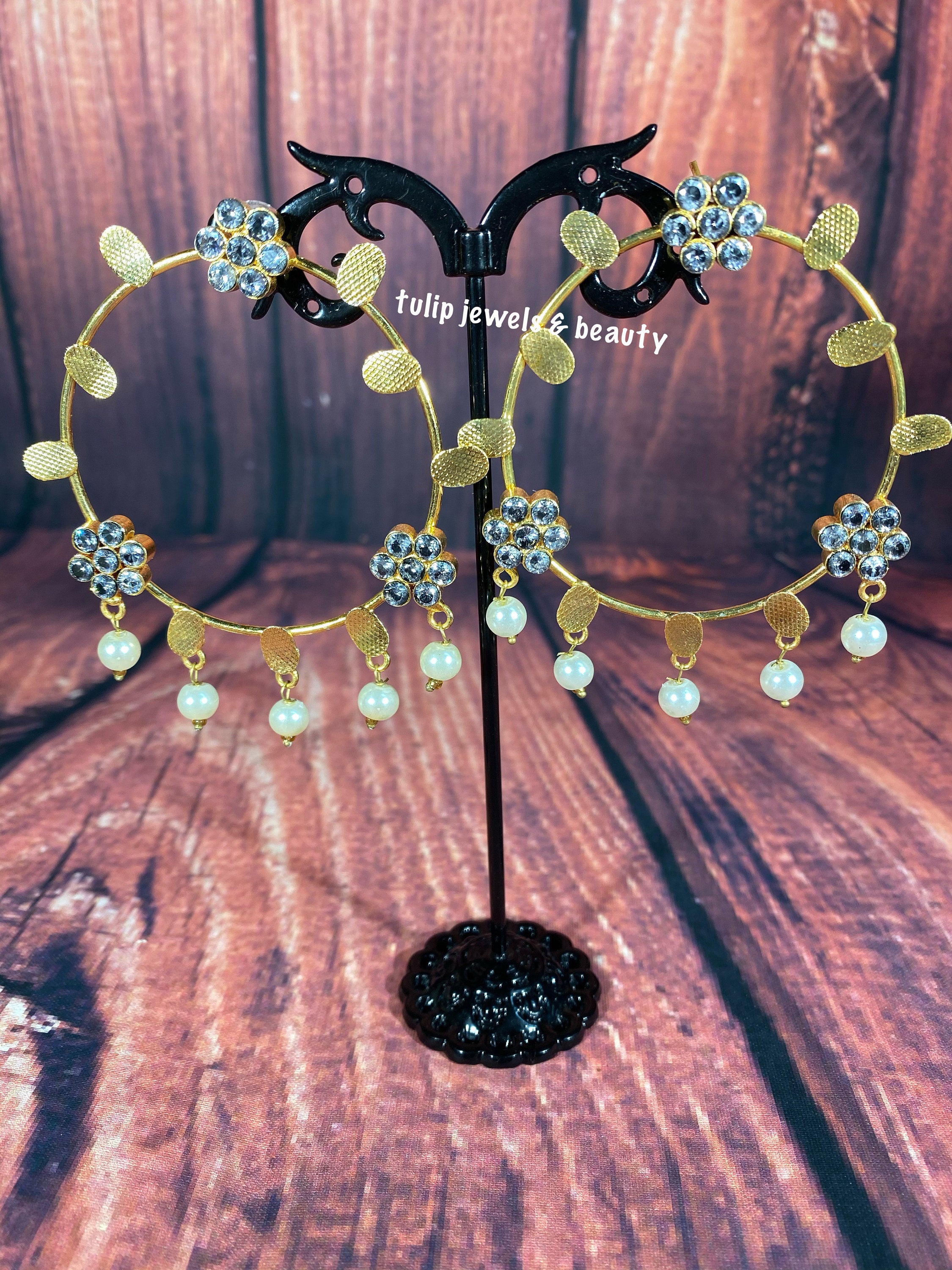Gold Plated Pearl Hoop Earrings: Indian Style Stone Jewelry
