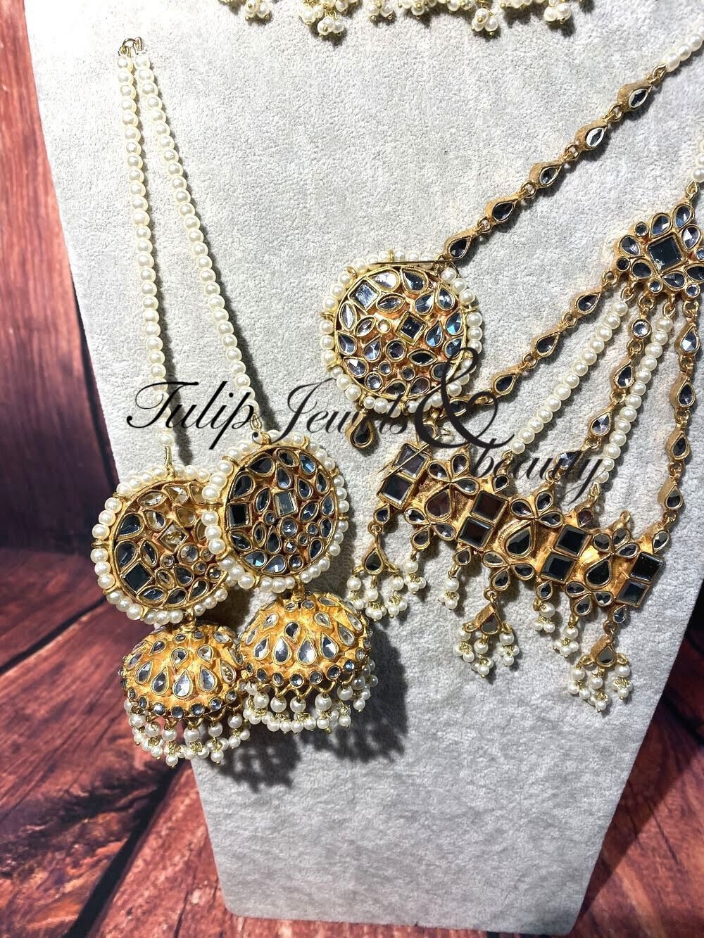 Kundan Bridal Jewelry Set: Gold Plated Necklace, Jhumki, Tikka & Jhummar