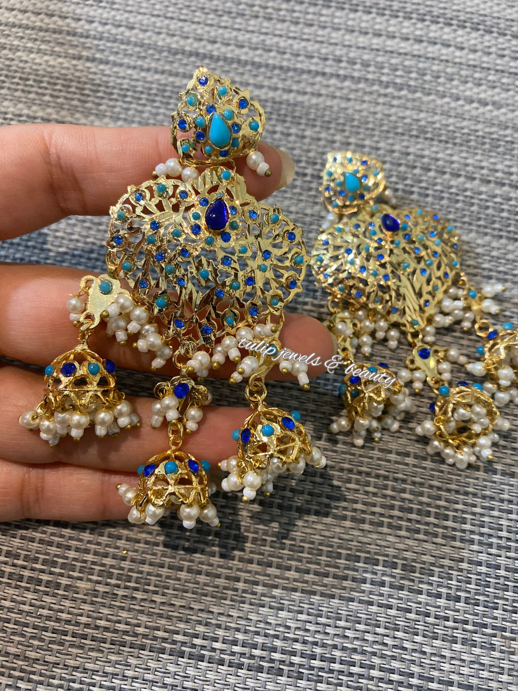 Gold Plated Jhumka Earrings: Turquoise & Blue Indian Jewelry