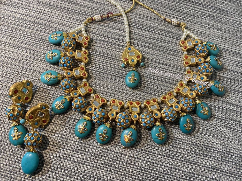 Turquoise Kundan Thappa Jewelry Set: Indian Designer Necklace