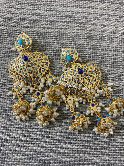 Gold Plated Jhumka Earrings: Turquoise & Blue Indian Jewelry