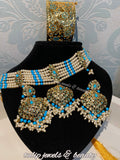 Gold Plated Hyderabadi Choker Set: Turquoise Indian Bridal Jewelry