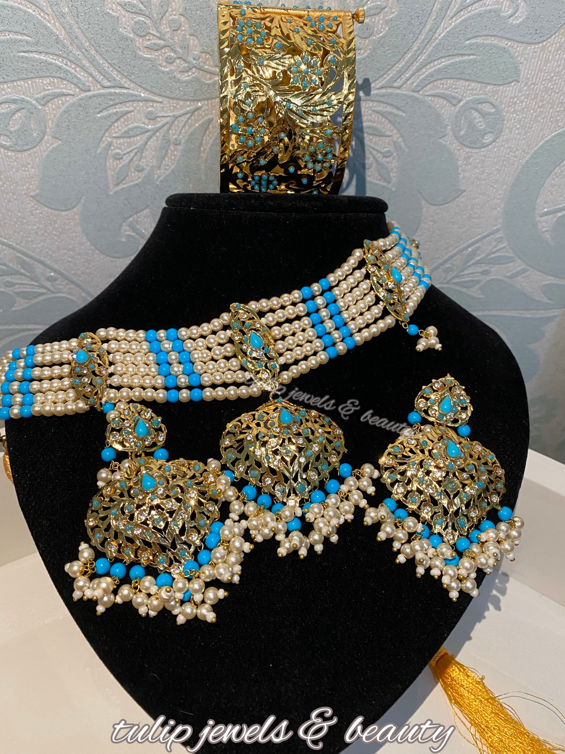 Gold Plated Hyderabadi Choker Set: Turquoise Indian Bridal Jewelry