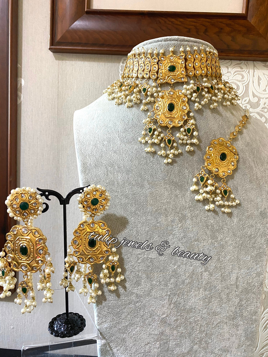 Gold Plated Kundan Choker, Earrings & Tikka Set