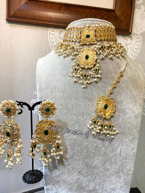 Gold Plated Kundan Choker, Earrings & Tikka Set