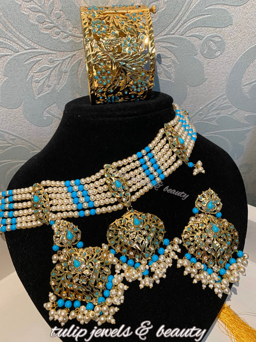 Gold Plated Hyderabadi Choker Set: Turquoise Indian Bridal Jewelry