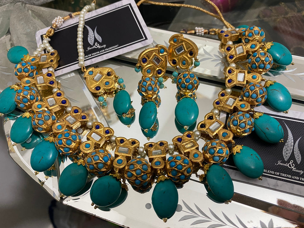 Turquoise Kundan Jewelry Set: Gold Plated Indian Necklace