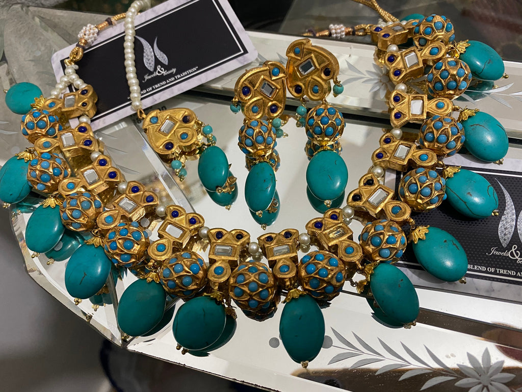 Turquoise Kundan Jewelry Set: Gold Plated Indian Necklace