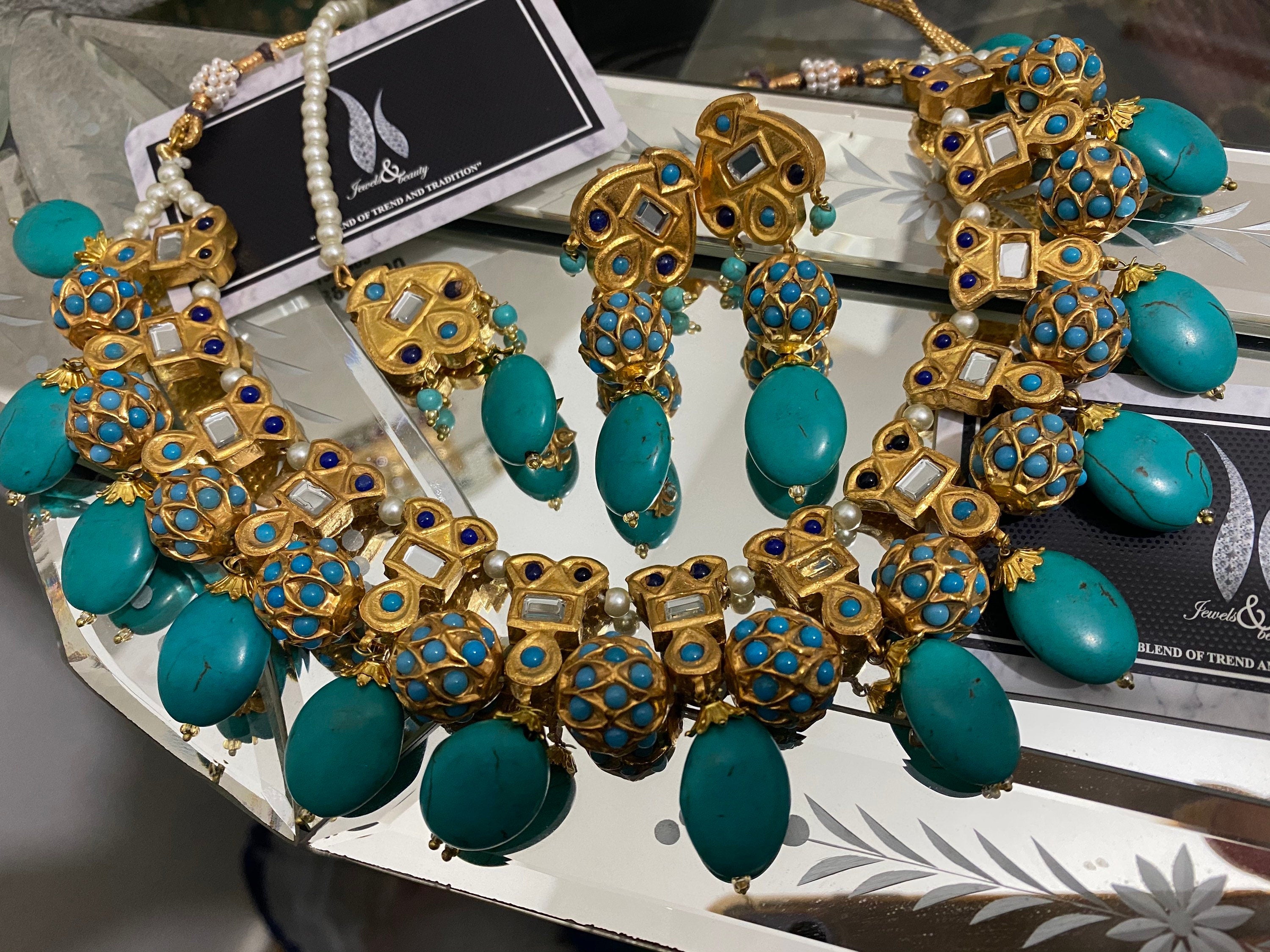 Turquoise Kundan Jewelry Set: Gold Plated Indian Necklace