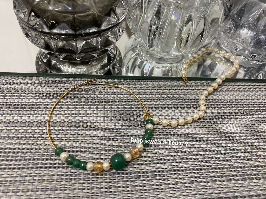 Gold Plated Nose Ring: Indian Bridal Nath with Green Beads & Pearls