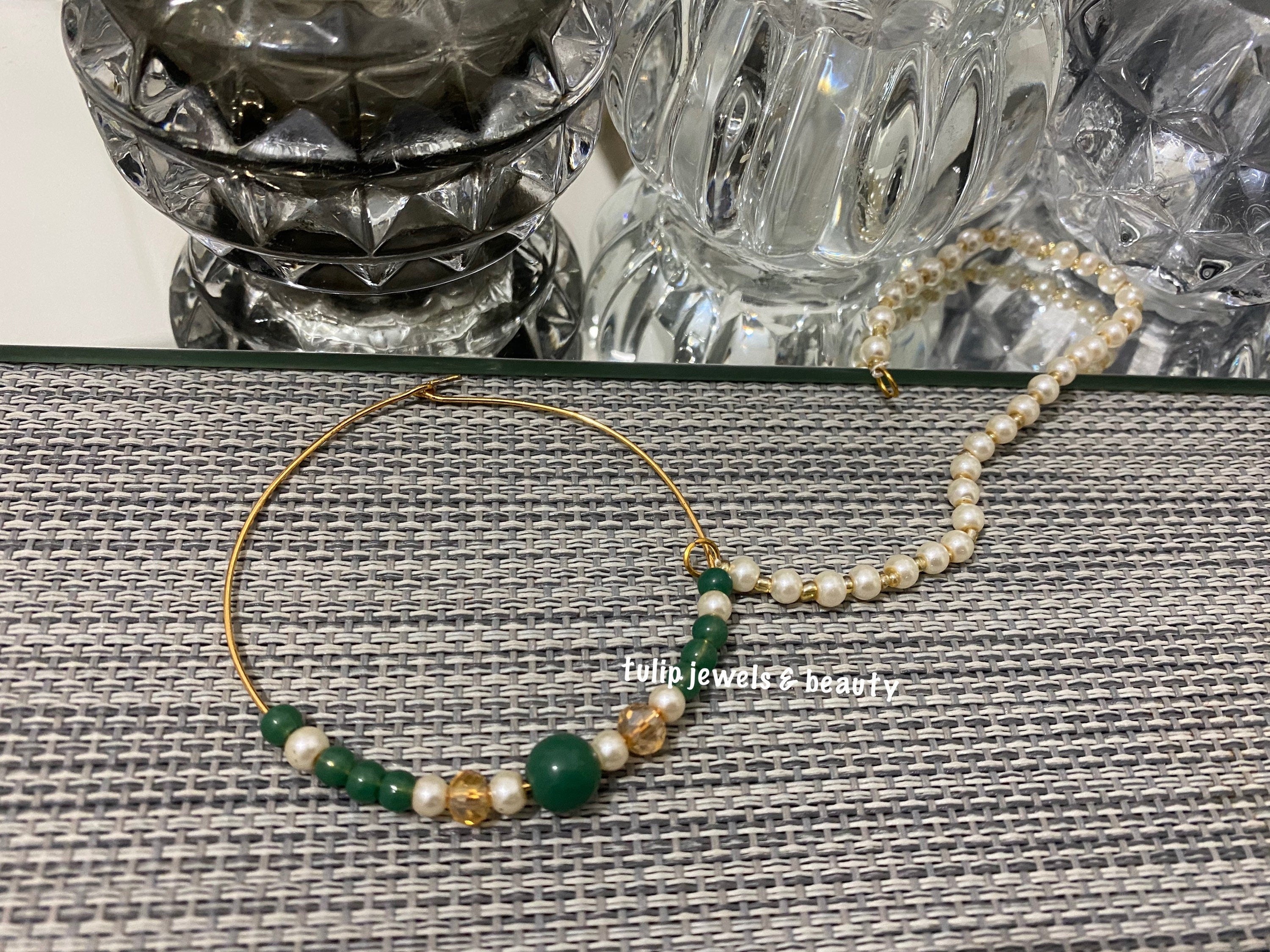 Gold Plated Nose Ring: Indian Bridal Nath with Green Beads & Pearls