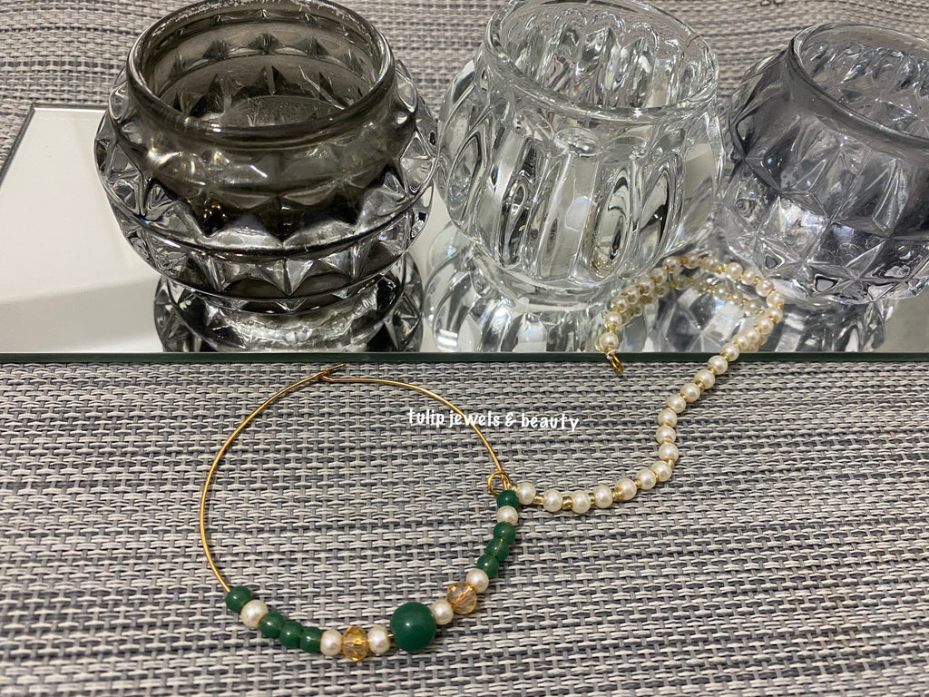 Gold Plated Nose Ring: Indian Bridal Nath with Green Beads & Pearls