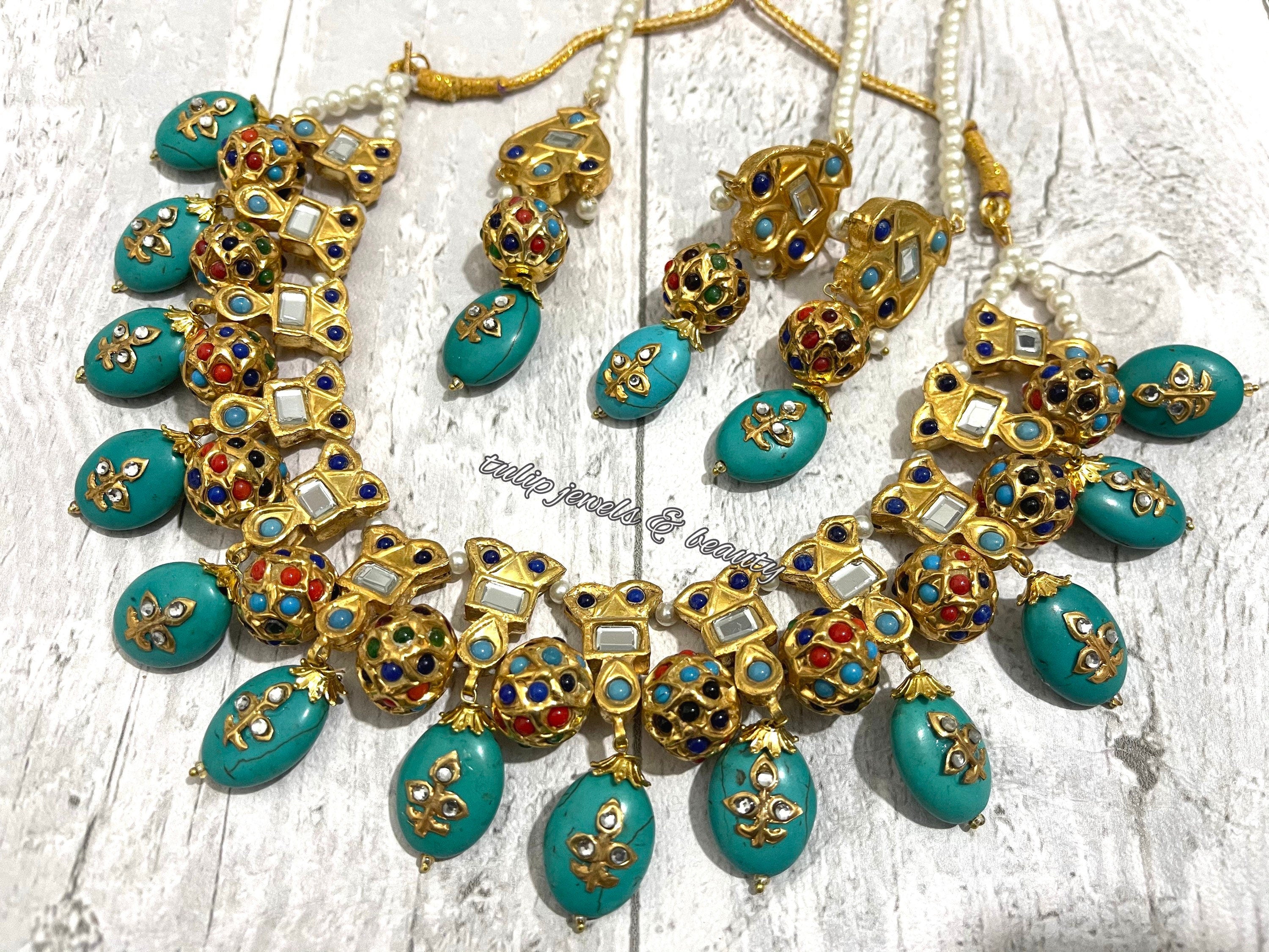 Turquoise Kundan Necklace Set: Indian Thappa Jewelry