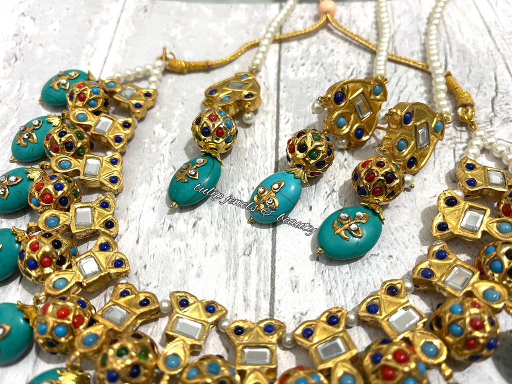 Turquoise Kundan Necklace Set: Indian Thappa Jewelry