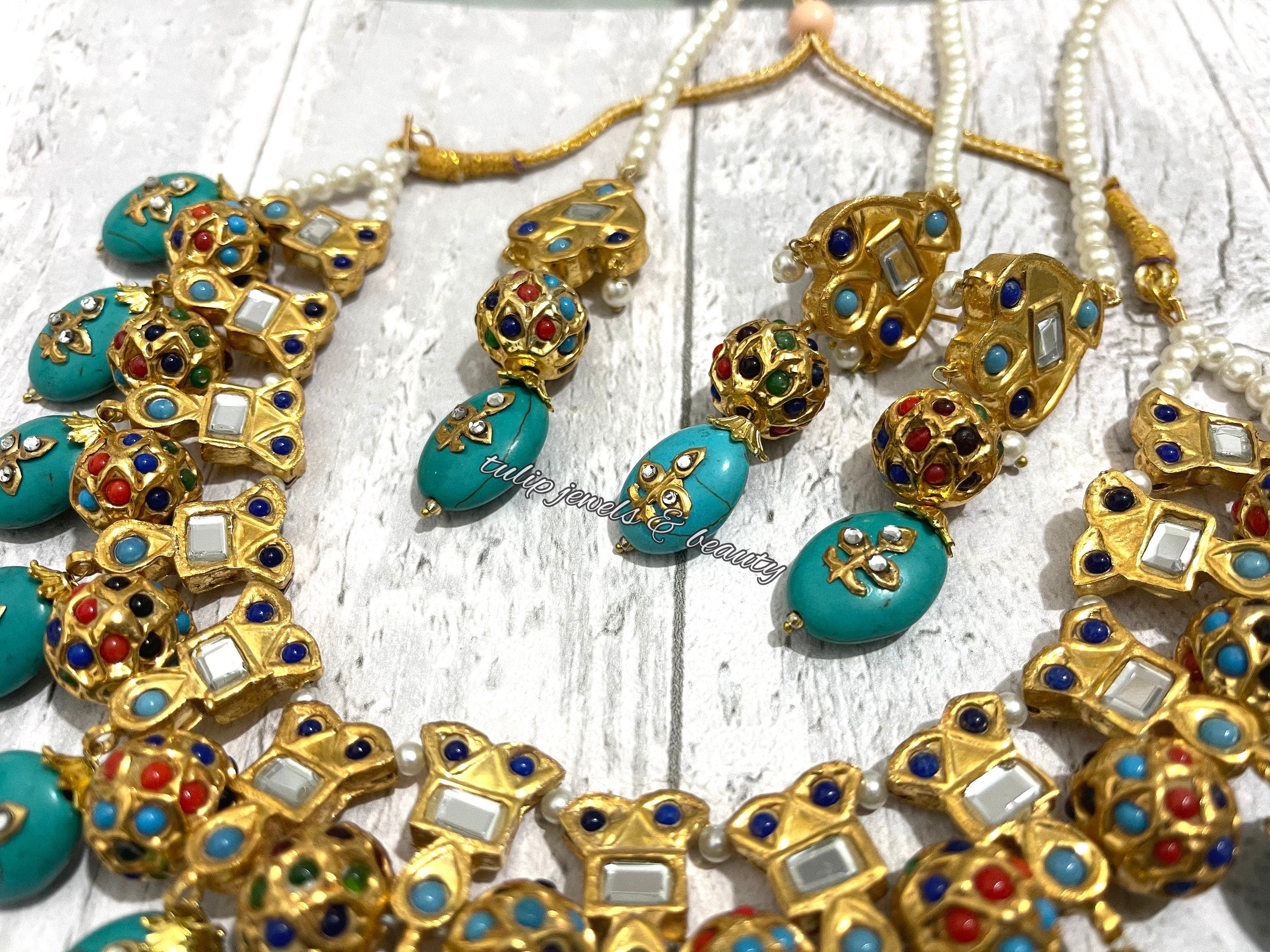 Turquoise Kundan Necklace Set: Indian Thappa Jewelry