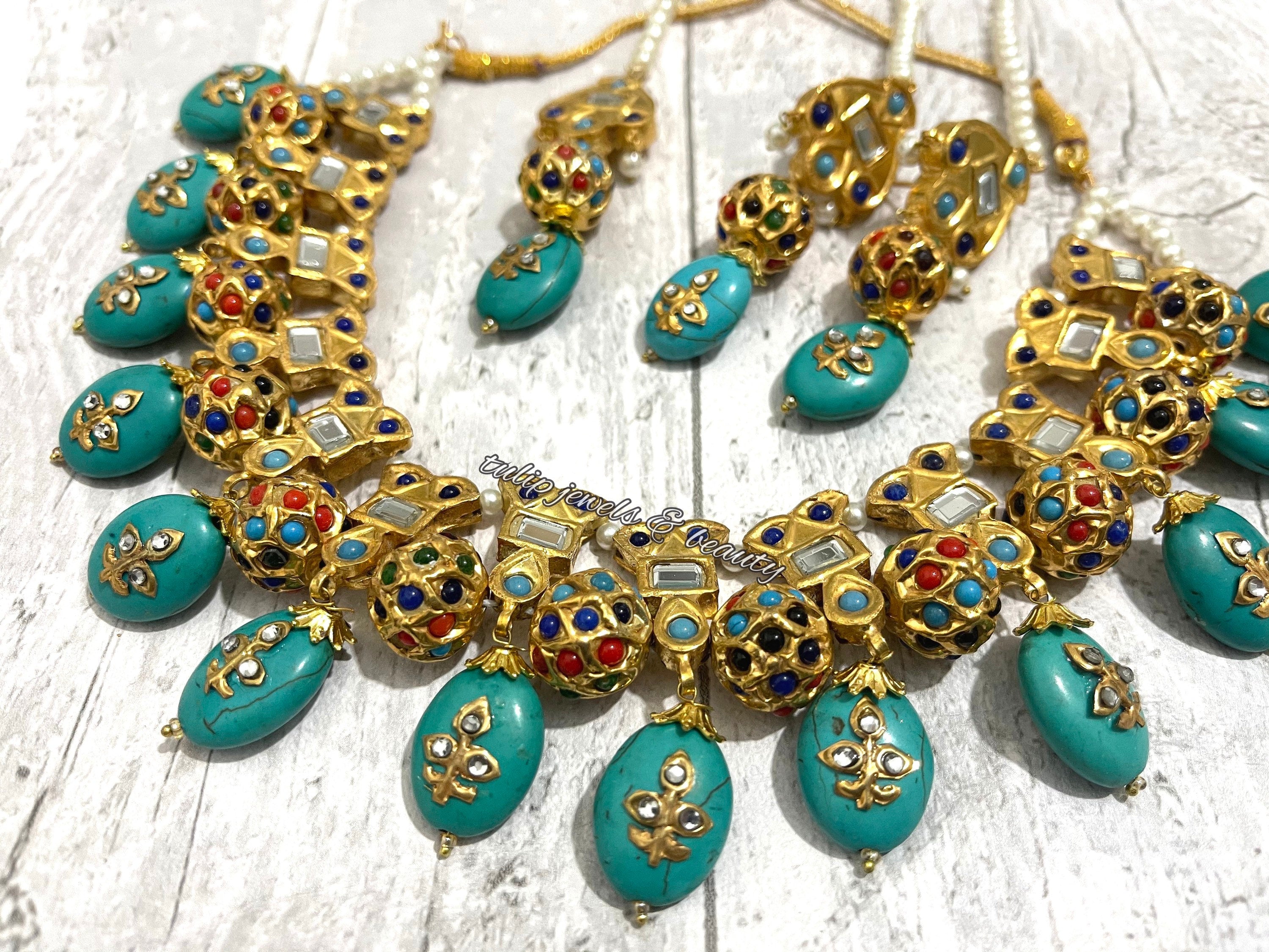 Turquoise Kundan Necklace Set: Indian Thappa Jewelry