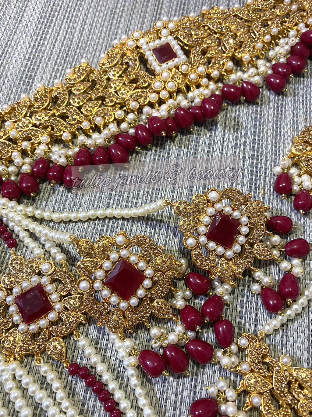 Maroon Stone Bridal Jewelry Set: Gold Plated Choker, Jhummar, Tikka