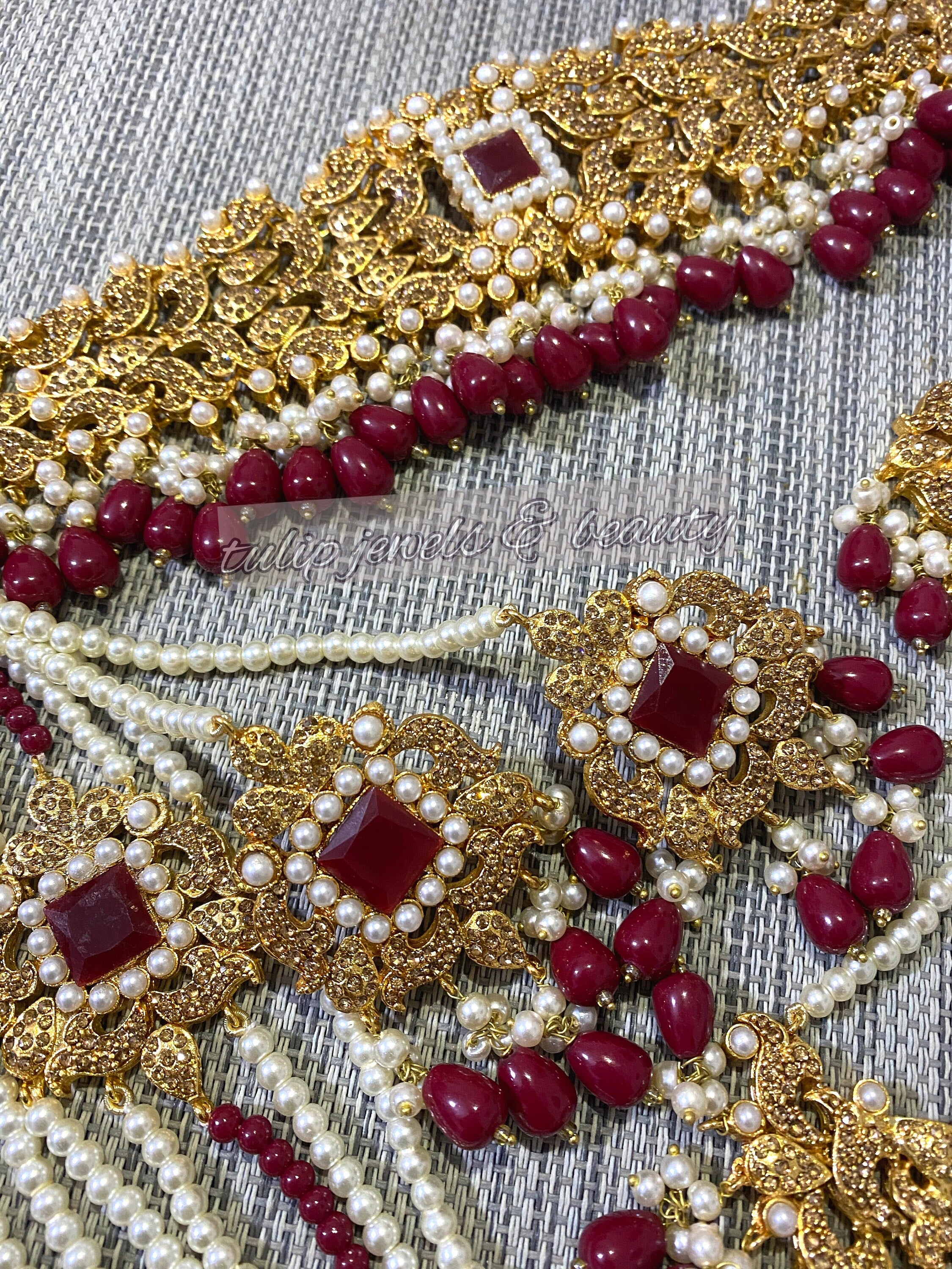 Maroon Stone Bridal Jewelry Set: Gold Plated Choker, Jhummar, Tikka