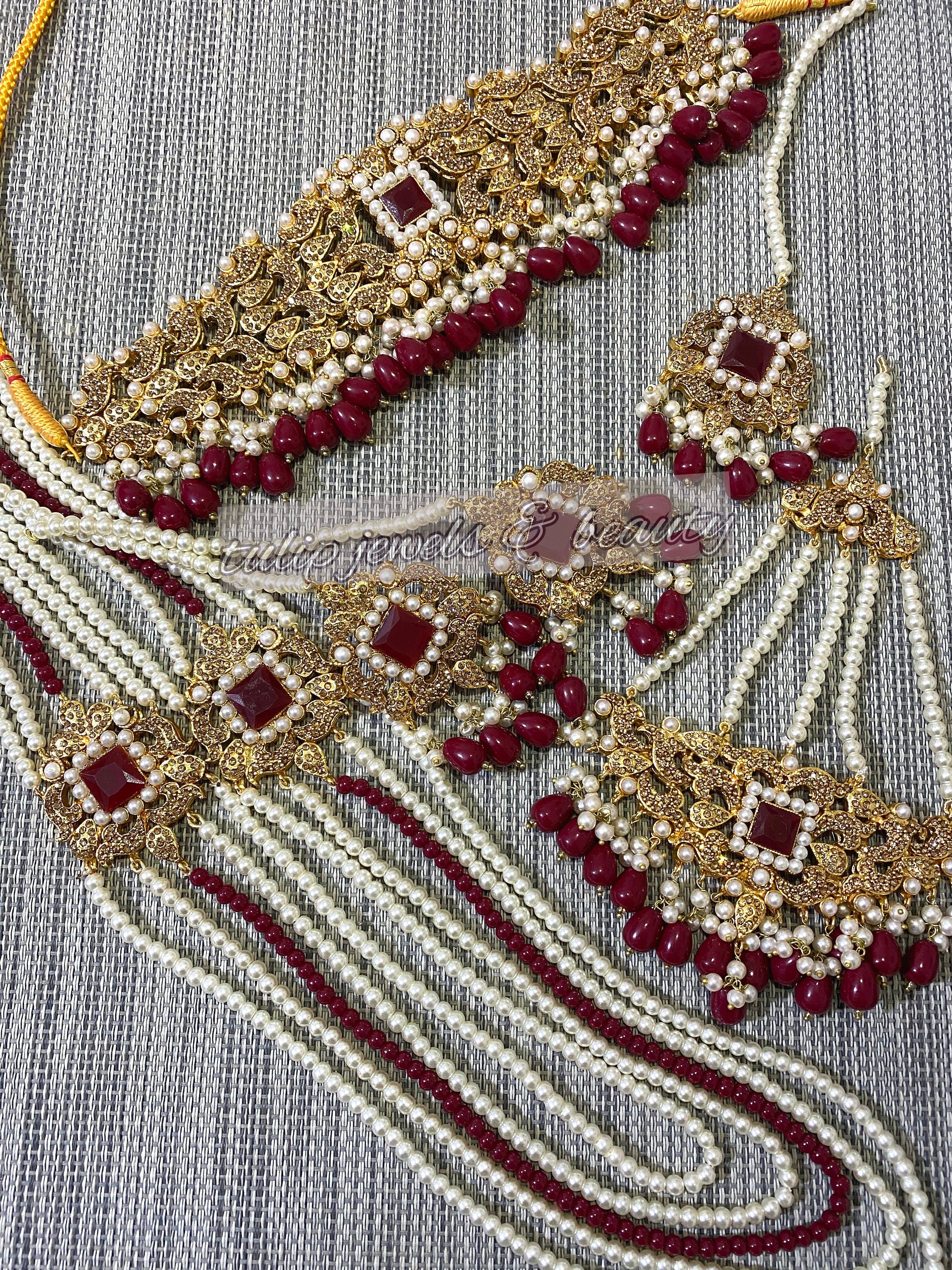 Maroon Stone Bridal Jewelry Set: Gold Plated Choker, Jhummar, Tikka