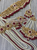 Maroon Stone Bridal Jewelry Set: Gold Plated Choker, Jhummar, Tikka