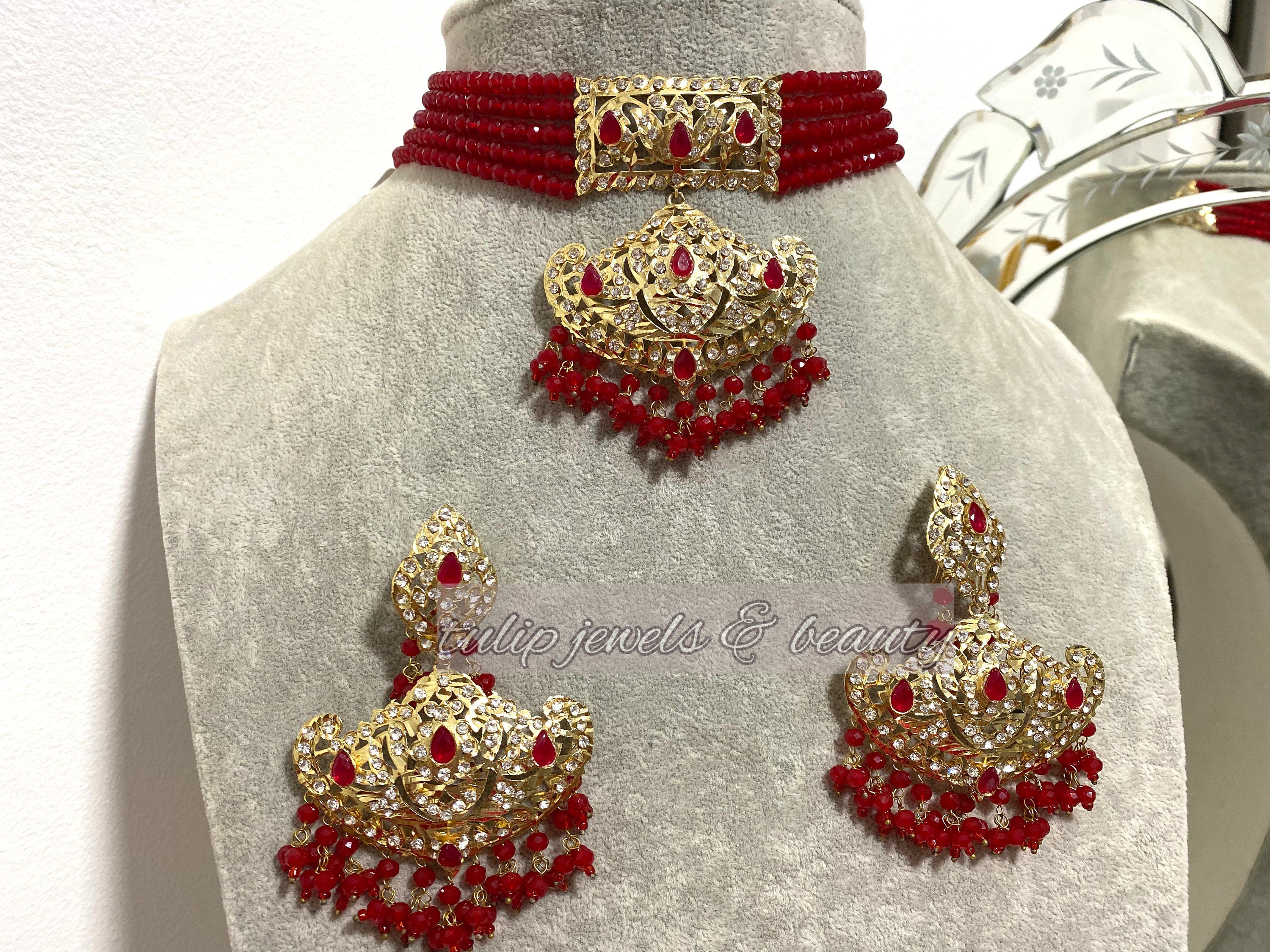Hyderabadi Choker Necklace Set: Indian Gold Plated Jewelry