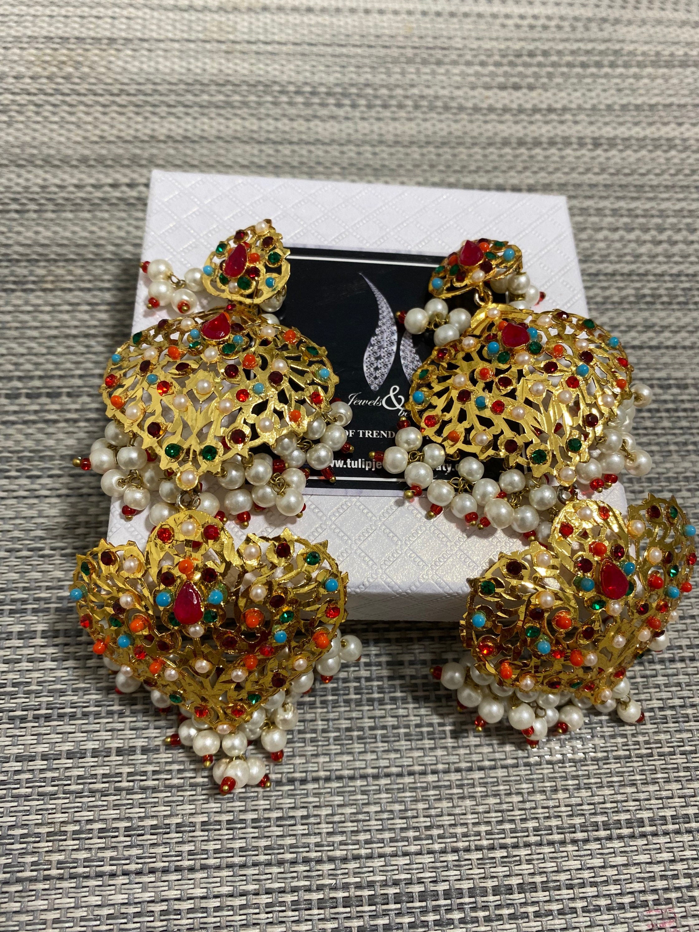 Hyderabadi jadu earrings, Nazami gold plated magar earrings pakistani Jewellery, indian Jewelry