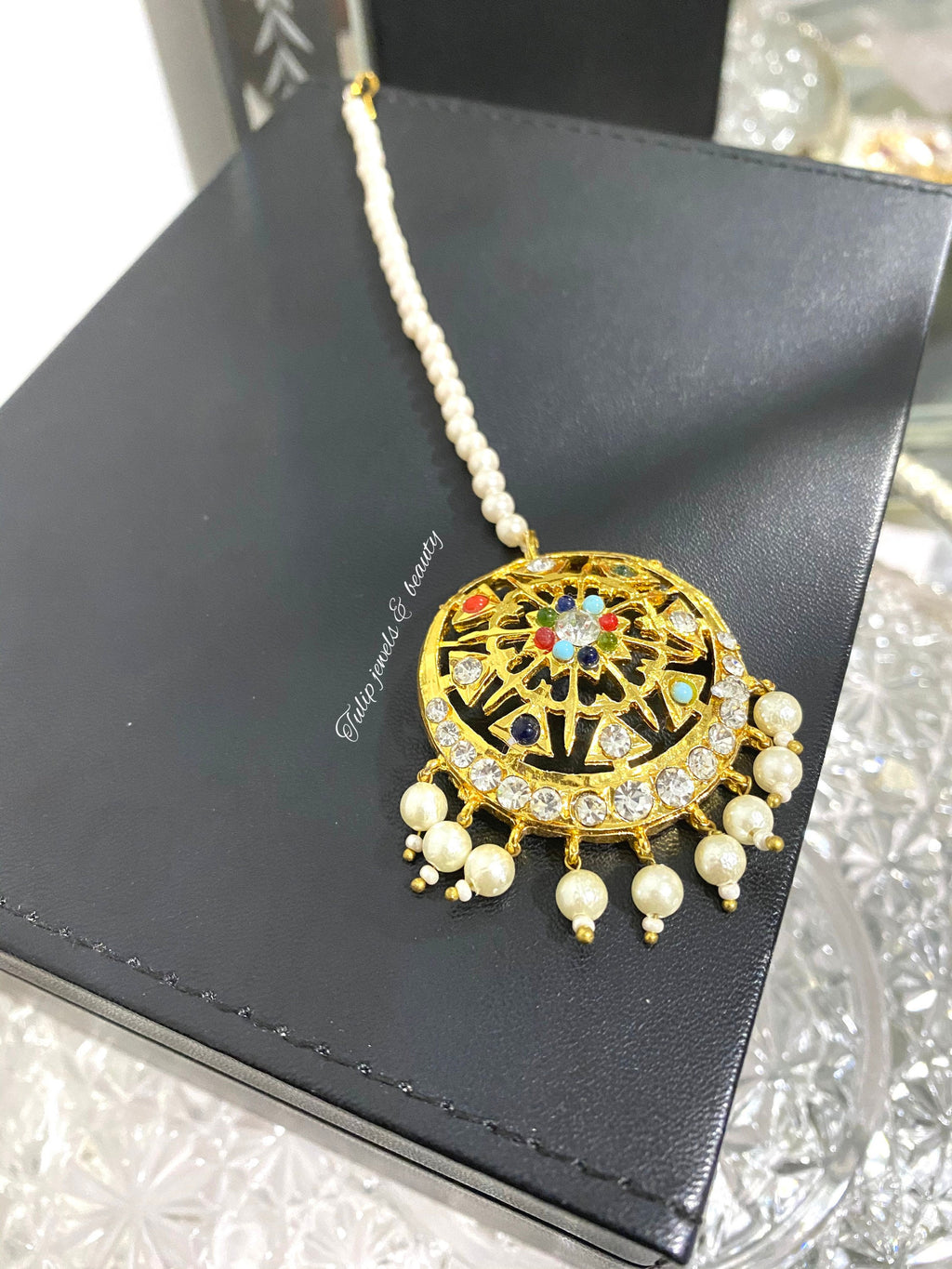 Handmade Gold Plated Navratan Tikka: Indian Bridal Jewelry