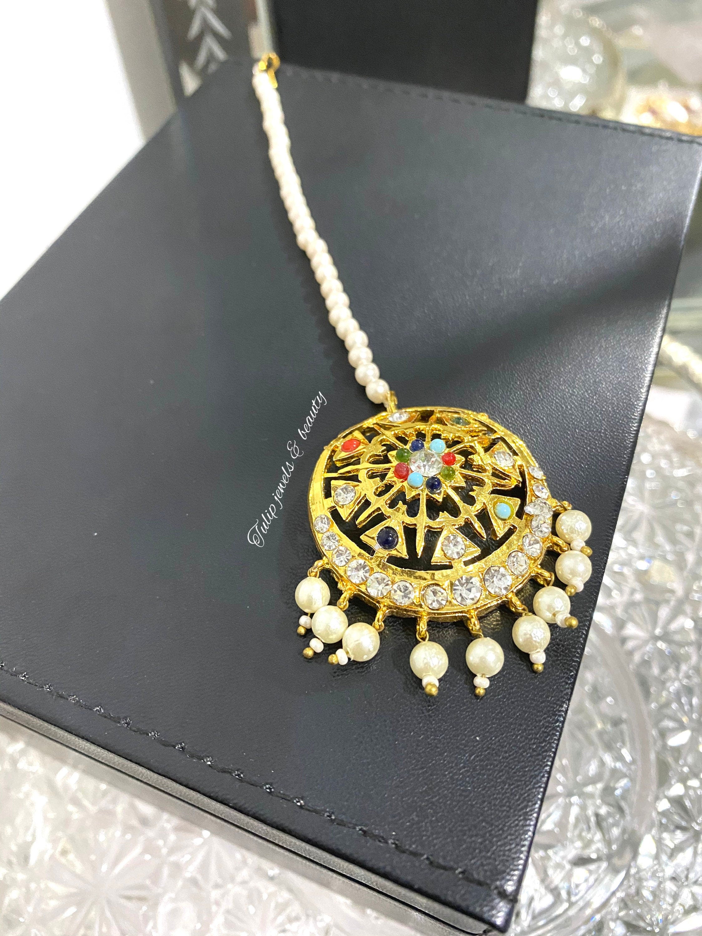 Handmade Gold Plated Navratan Tikka: Indian Bridal Jewelry